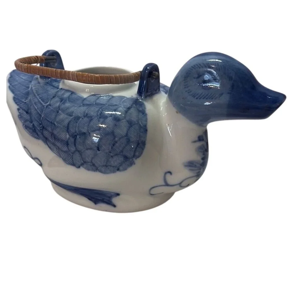 Blue White Porcelain Duck Teapot Hand Painted Chinoiserie Wicker Handle Vintage